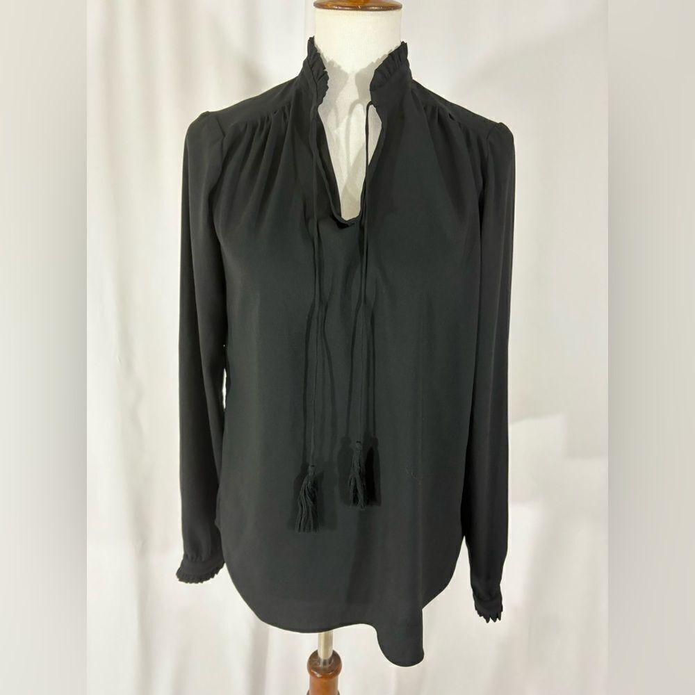 Lands Ends Black Long Sleeve Tassel Blouse